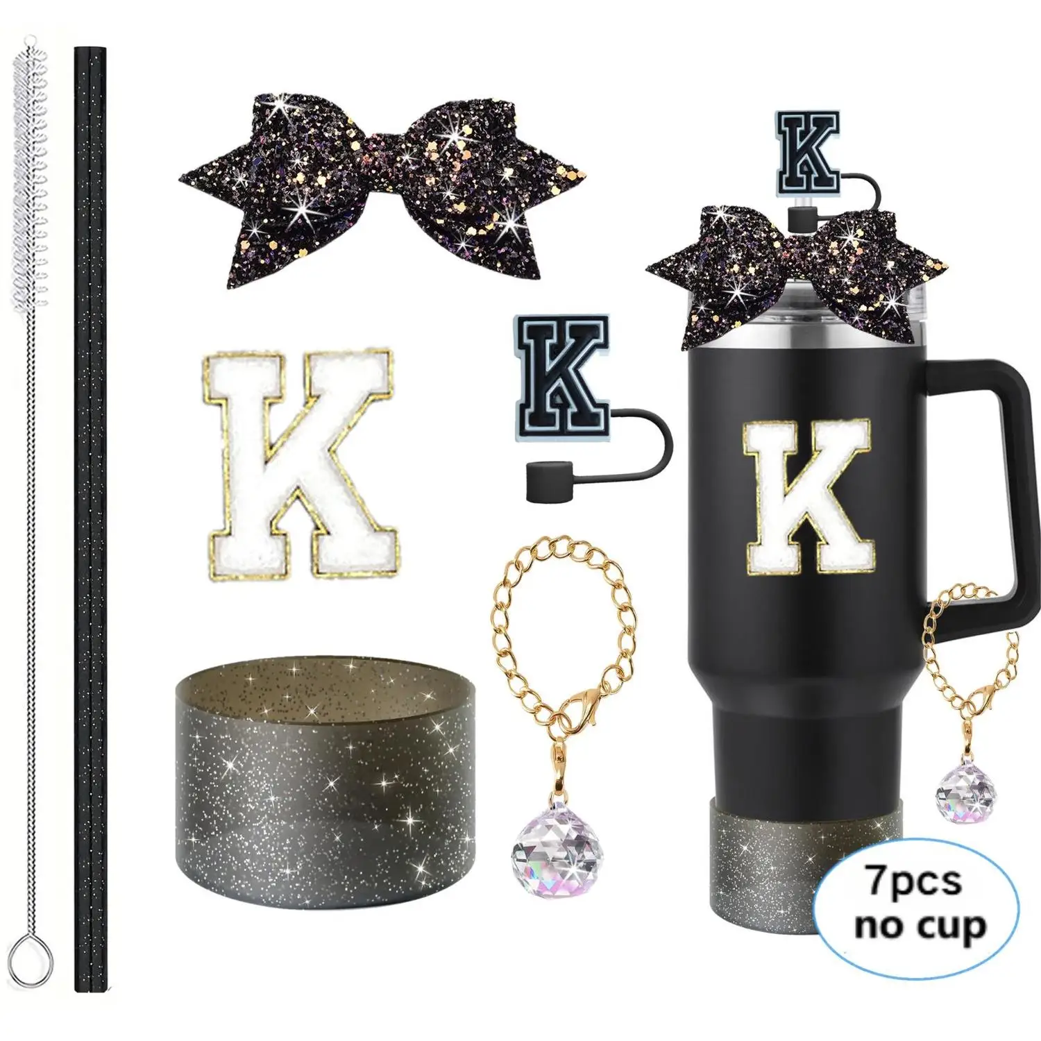 Glitter Patent Leather Letter Straw Caps Decorative Bow Crystal Ball Pendants Cup Chains Accessory for Straw Cups