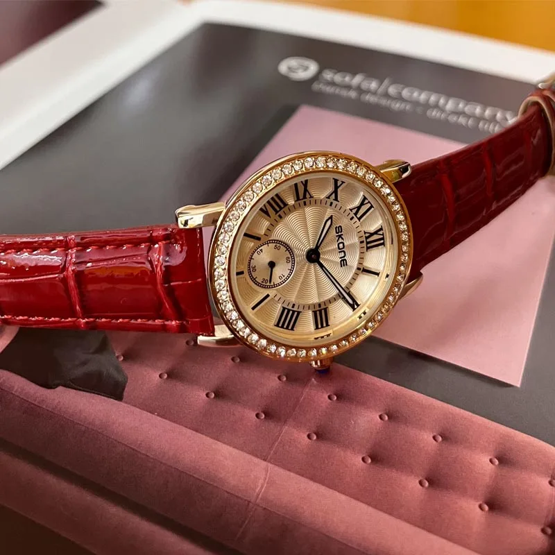 SKONE Blue balloon round fashion retro trend belt with high-end feel diamond inlaid versatile quartz watch for women