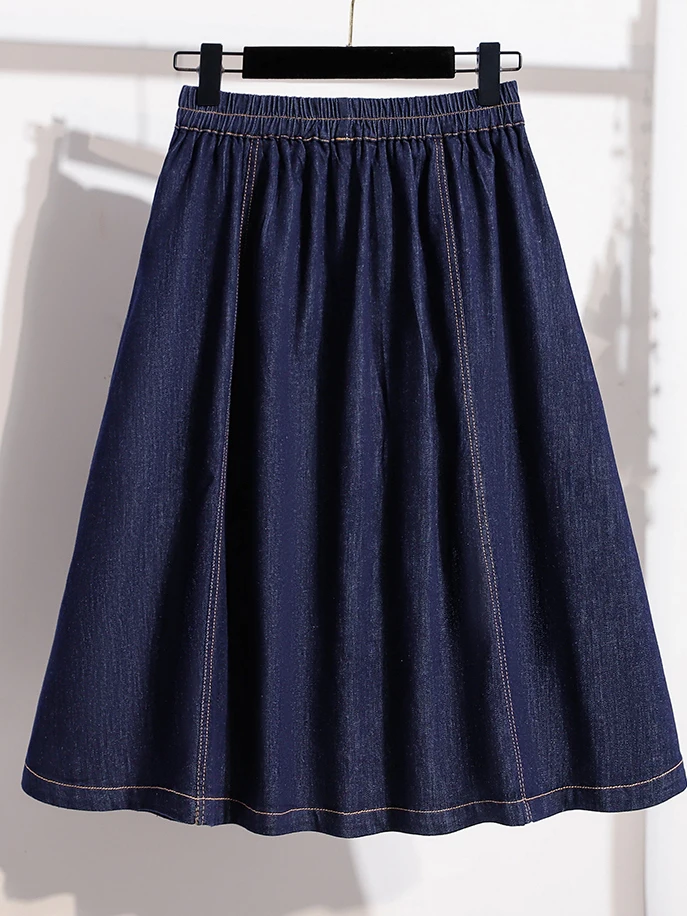 

Summer 2026 Loose Fit Thin Denim A-Line Half Skirt Elastic Waist Knot Casual Leather Fabric plus Size Slimming Midi...