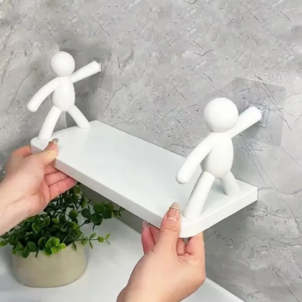 1pcs Wall Mounted Non Perforated Storage Rack Bathroom Rack Cute Little Person Shelves Support Kitchen Bathroom Storage Rack