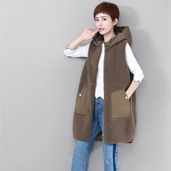 Ladies Large Size 4XL Sleeveless Jacket Women Thickening Imitation Wool Vest Outwear Spring Autumn Female Hooded Waistcoat Coat