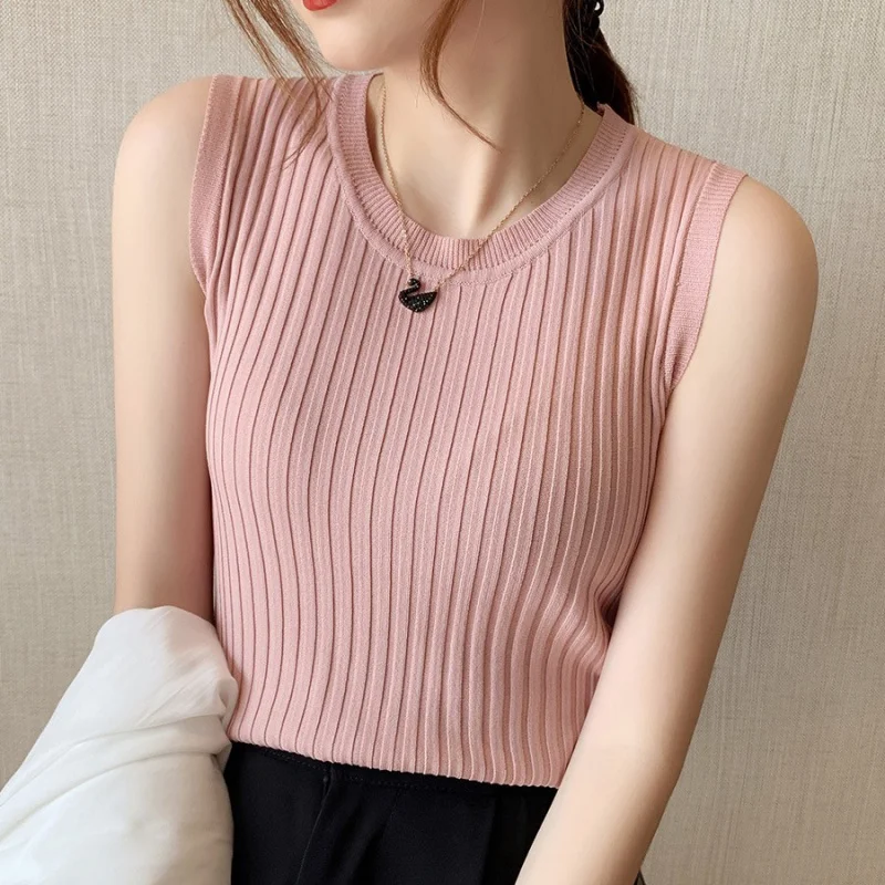 Solid Color Bottoming Vest Women's Inner Wear Summer Outer Wear Skinny Short Small Sling Ice Silk Thin Sweater Sleeveless Top