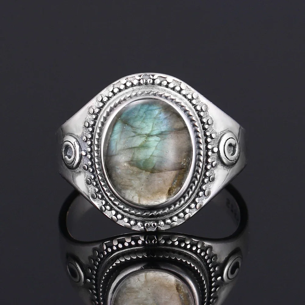 Silver Ring for Women Oval Round Natural Labradorite Ring Gift Sun Shaped Retro Luxury Fine Jewelry