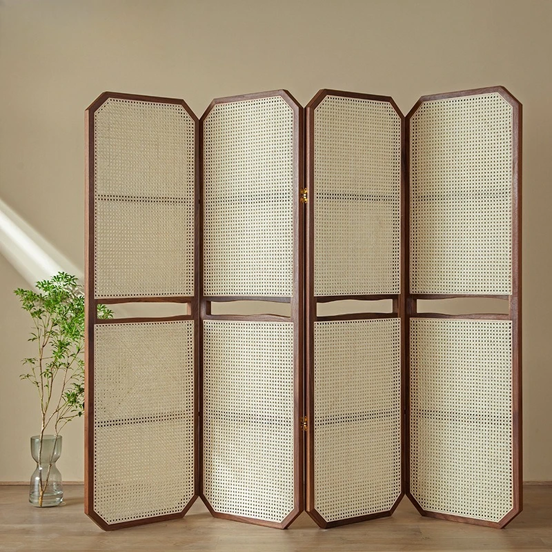 Solid wood folding screen rattan partition living room entrance retro new Chinese home living room screen