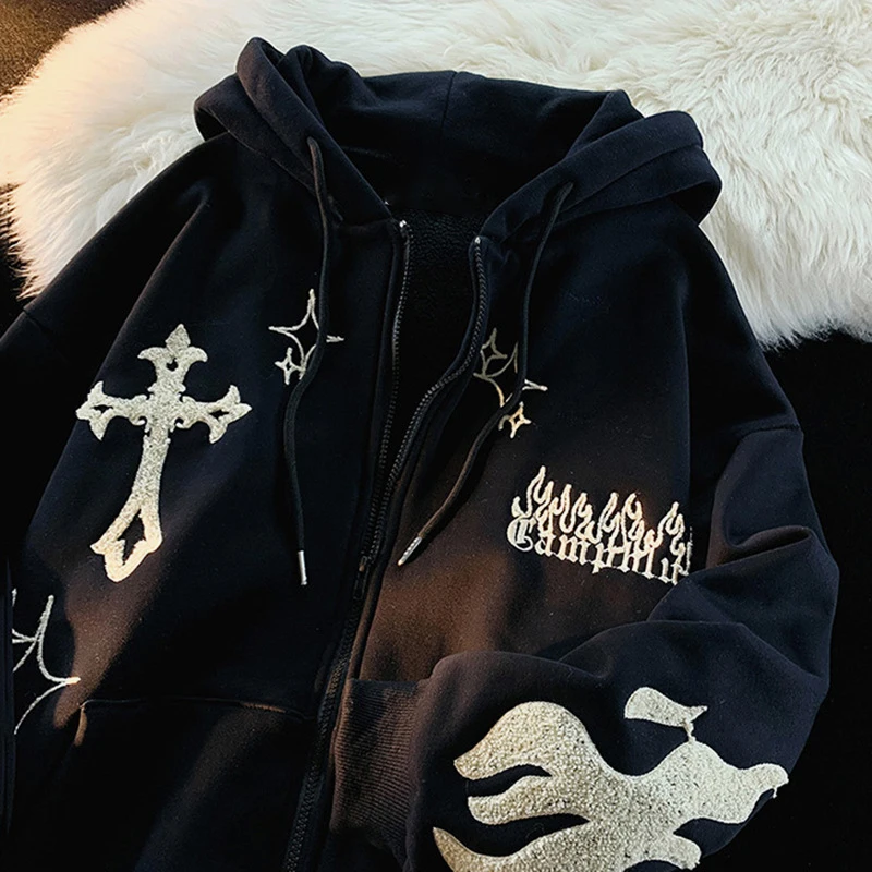 2024 European and American Autumn/Winter Hoodie Embroidered Cross Flame Coat Plush Couple Loose Top Sweater