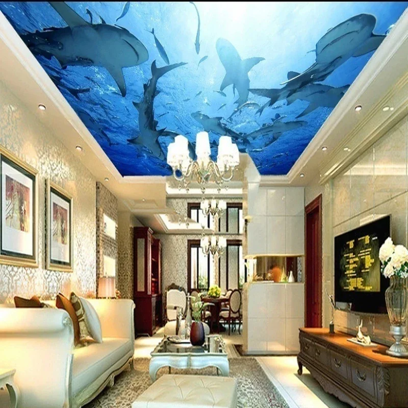 Custom Size Ocean Shark Wall Mural & Wallpaper - Large Ceiling Murals for Living Room Bedroom Kids Room Background Wall Decor