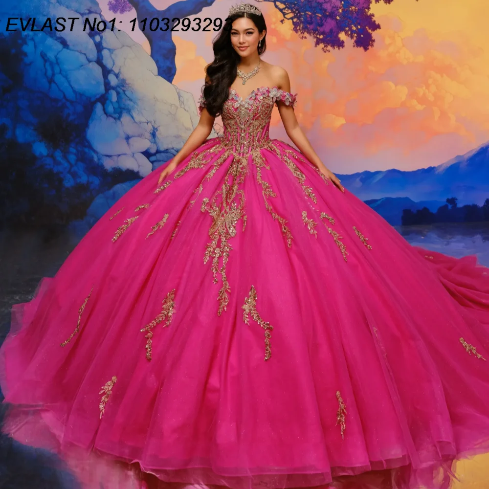 

EVLAST индивидуальное темно-розовое бальное платье Quinceanera, серебряное кружевное платье с аппликацией и бантом из бисера, милое платье 16, Vestidos De 15 Anos E1QN258