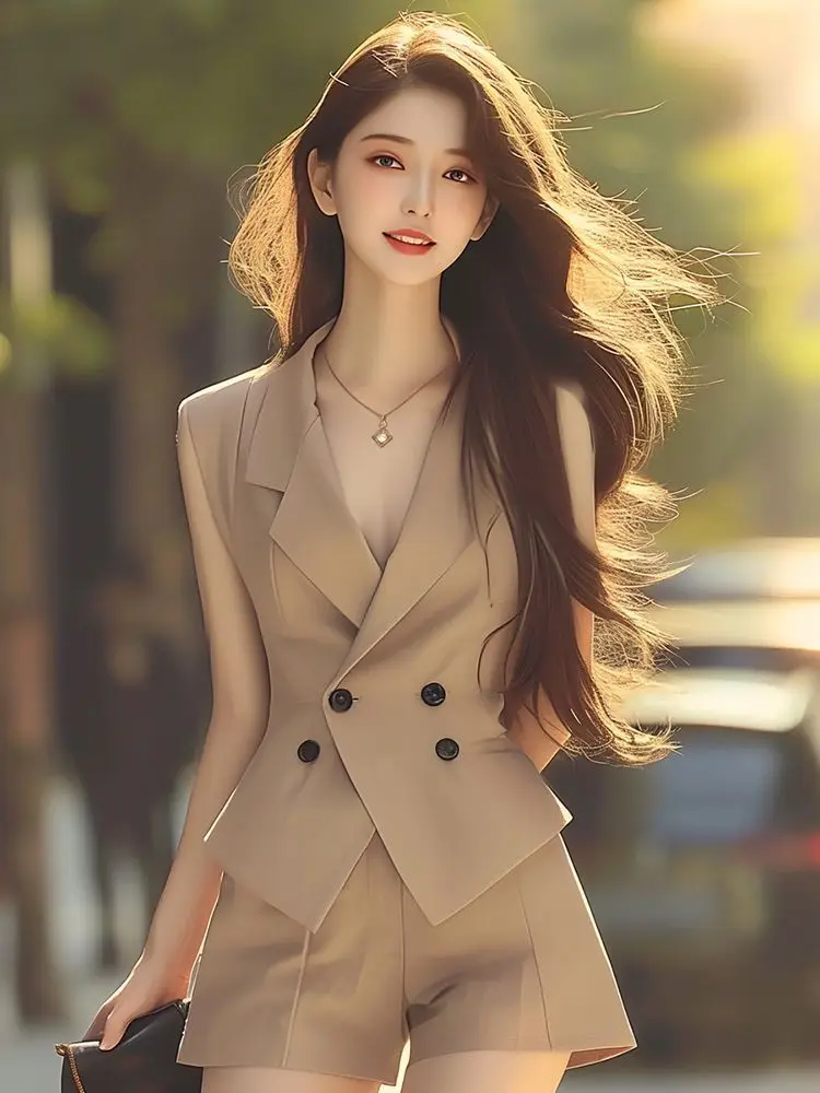 

Korea Fashion New Women Two Piece Blazer Sets Elegant Sleeveless Double Breasted Slim Short Vest + Shorts Outfit