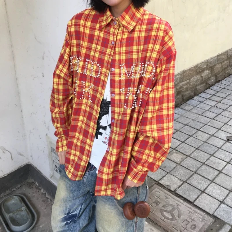 

DAYIFUN Women Letter Studded Checkered Shirts American Retro Long Sleeved Blouses Summer Sunscreen Ladies Single Breasted Top