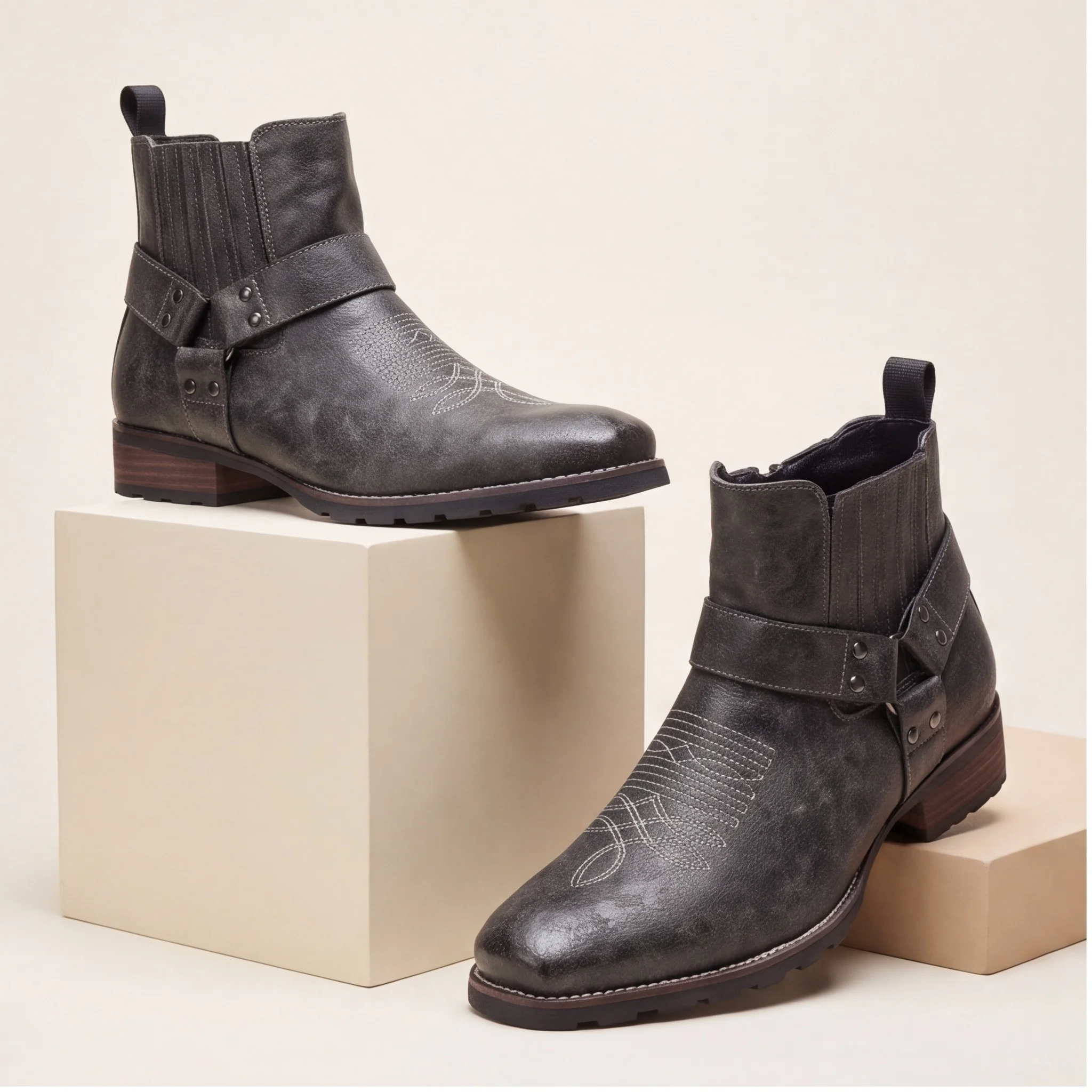 Men's Cowboy Boots Grey Western Ankle Boots Square Toe Harness Strap Side Zip Country Boots For Man