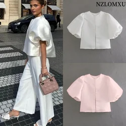 Satin Crop Top Women Puff Short Sleeve Female Shirts Summer Elegant Blouses Round Neck Loose Blouse Cut Out Cropped Blouses