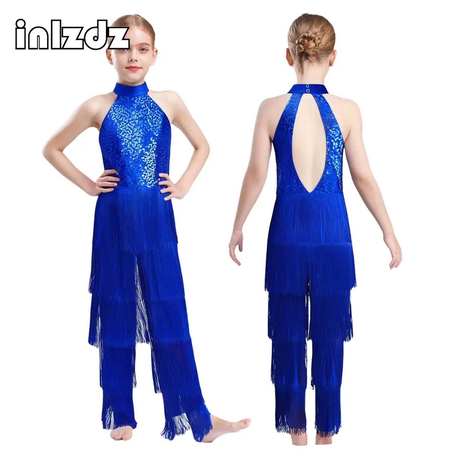

Kids Girls Cha-cha Latin Samba Dance Performance Costume Tiered Tassel Sequin Dance Jumpsuit Halter Sleeveless Backless Bodysuit