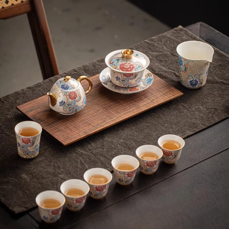 LMM Handmade Silver Filament Teapot Ceramic Sancai Cover Bowl Kung Fu Tea Set Gift Box Set