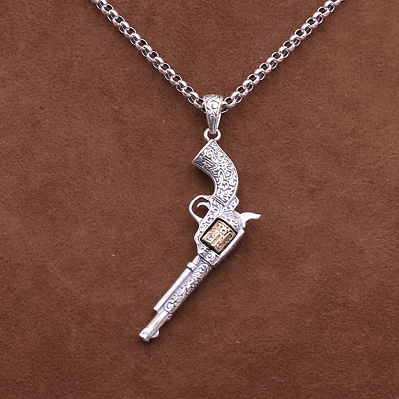 925 Sterling Silver Left Revolver Gun Pendant - Vintage Antique Gothic Style Unisex Chain Necklace