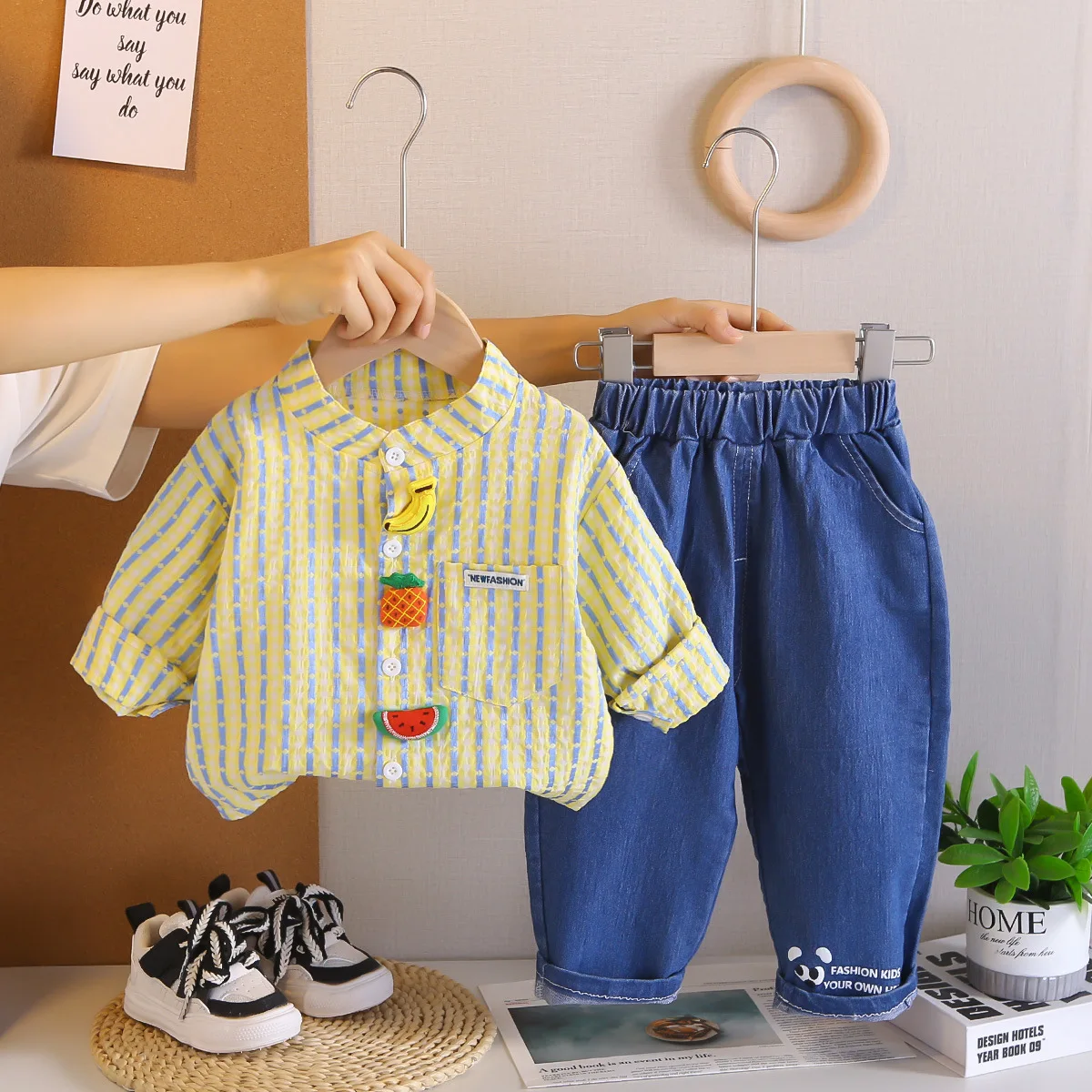 

Fall 2025 New Boys Striped Lapel Fruit Placket Shirt Long Sleeve Set Baby Boy Casual 2-Piece Set
