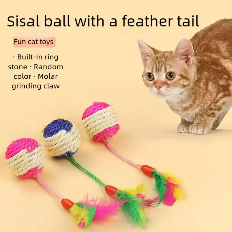 1PC Interactive Cat Toy Sisal Scratching Ball Feather Woven Teaser Toy for Kitten Pet Training Supplies
