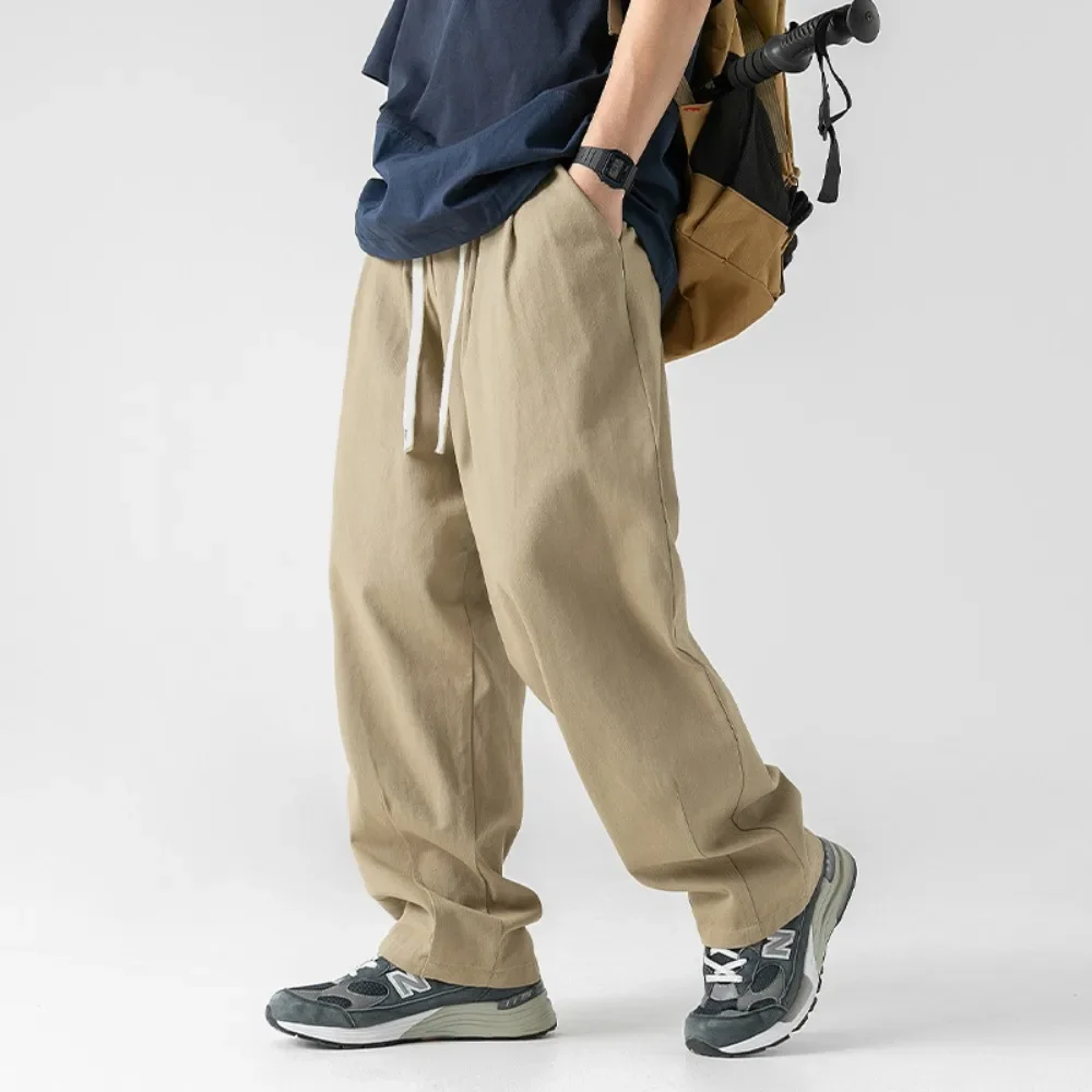 HAN LU Japanese style cotton casual pants for men in autumn and winter 2024 retro doubles pleated design versatile pants for men