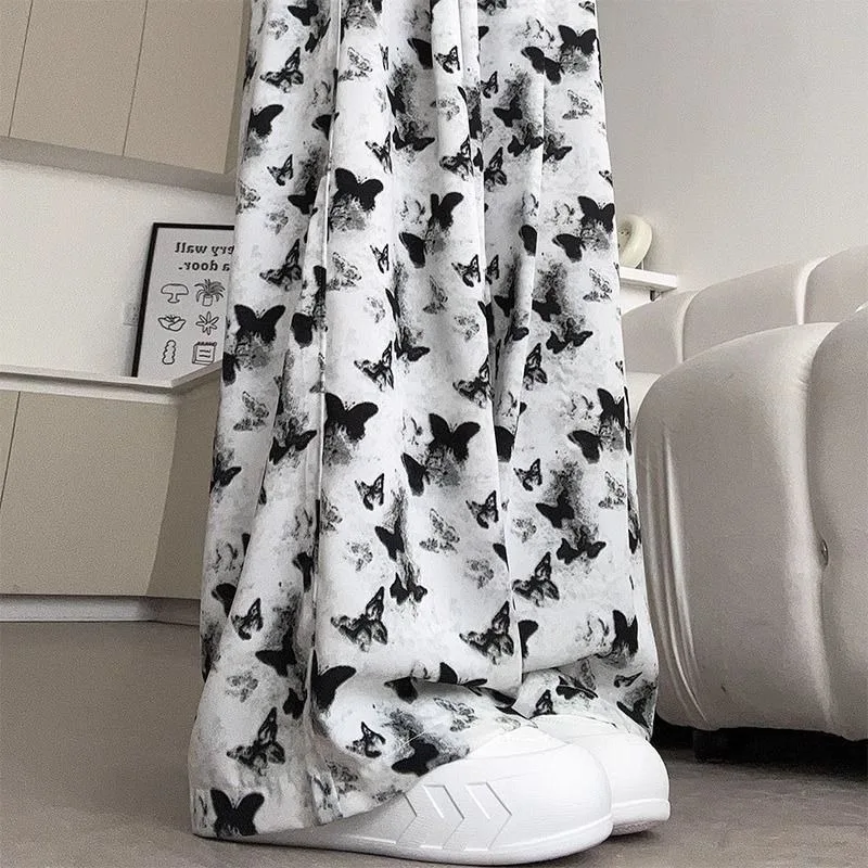 

MiiiiX Chinese Style Ink Butterfly Printed Wide-leg Pants Women Summer New Thin High Waist Casual Straight Tie-dye Long Trousers