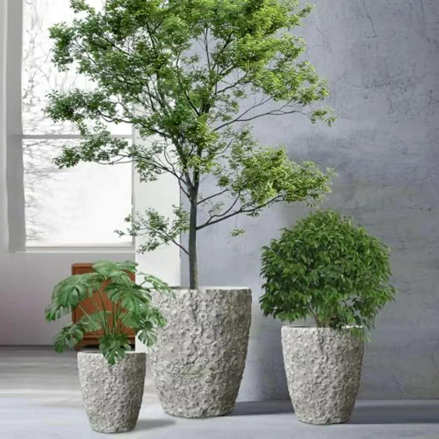 Outdoor/indoor concrete flowerpots set of 3 16+12+10 dia,grey, round, large, with drainage holes and rubber plug for home garde