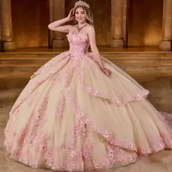 Champagne Shiny Quinceanera Dresses With Pink Lace Appliqued Ball Gown Prom Dress For 16 Year Old Vestidos 15 De XV Anos