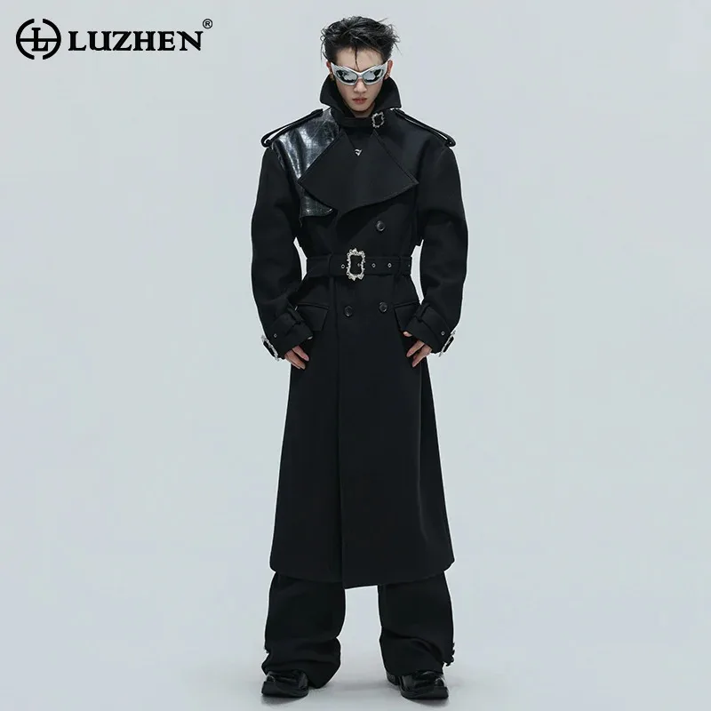 LUZHEN موضة الأصلي الجلود الربط تصميم حزام ربط الخصر الركبة طول الصوف خندق معطف الرجال 2025 سترة واقية جديدة JY4782 #1