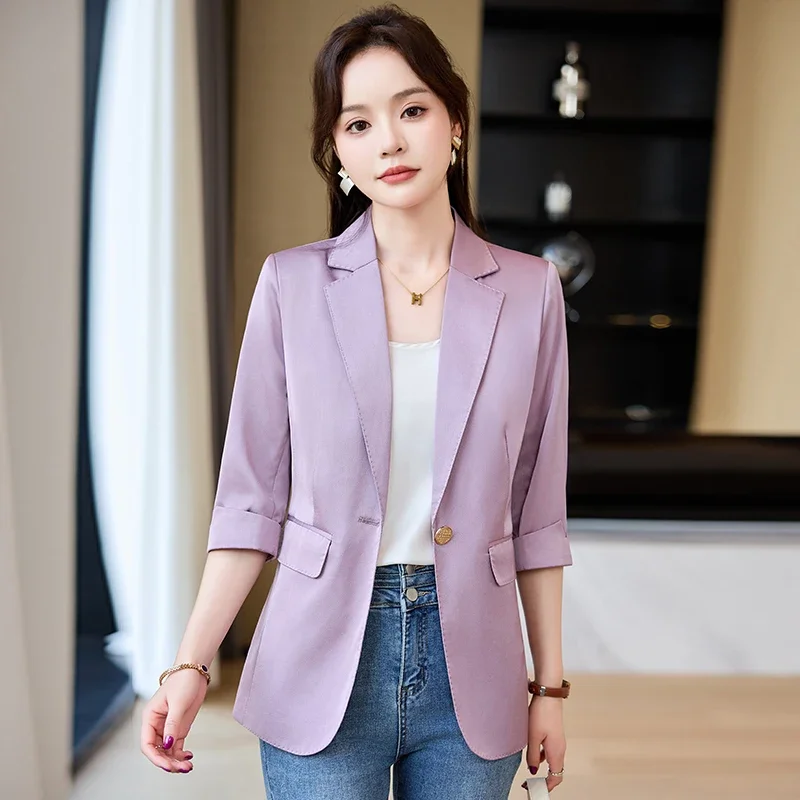 

Insozkdg Fashion Purple Seven-Sleeve Suit Jacket Women 2024 Spring Summer Commuter One-Button Slim-Fit Elegant Lady Blazer Top