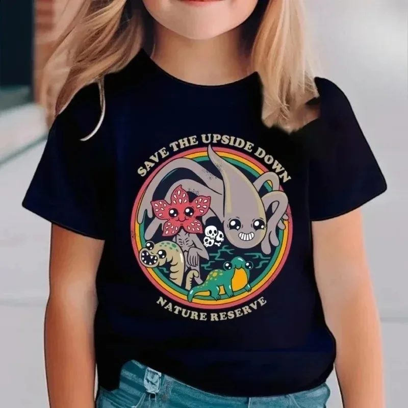 Kinder-T-Shirt im Stranger-Stil für Jungen und Mädchen, Retro-Cartoon-Druck, kurzärmeliges Oberteil, „Good Demodog“-Grafik-T-Shirt, Sommer-Baumwollkleidung – Detail 5