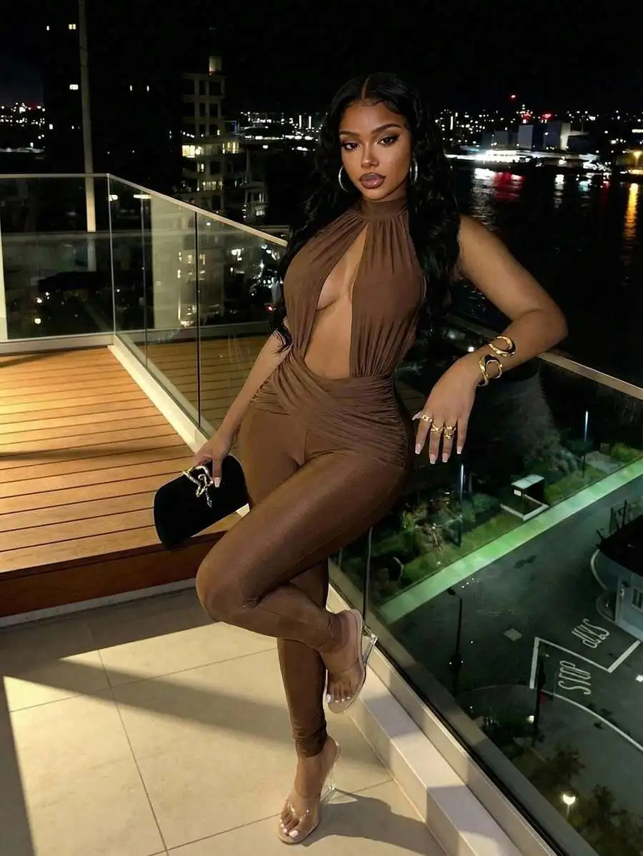 

Brown Halter Neck Sleeveless Backless Jumpsuit For Women Club Party Date