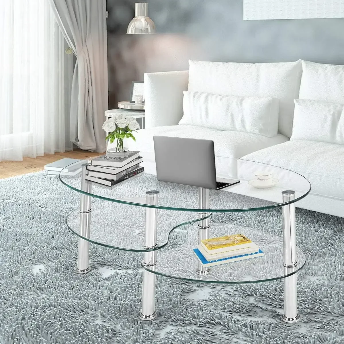 

Glass Coffee Table, 3-Tier Modern Oval Smooth Glass Tea Table Center Table End Table with Open Storage Shelf,Sturdy Steel Legs f