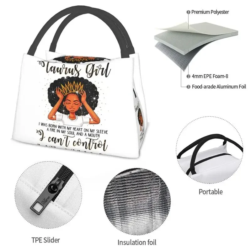 African Women Black Girl Insulated Lunch Tote Bag Portable Cooler Thermal Bento Box For School Work Picnic Food Tote Bags