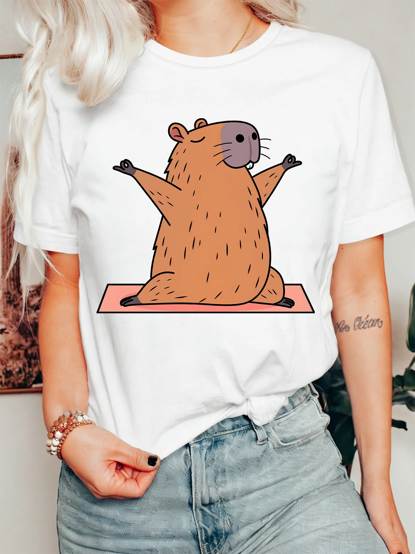 Peace Meditate Yoga Capybara Womens T Shirt Funny Calm Wild Animal Cartoon Graphic Tee Short Sleeve Casual Daily Ladies Tops