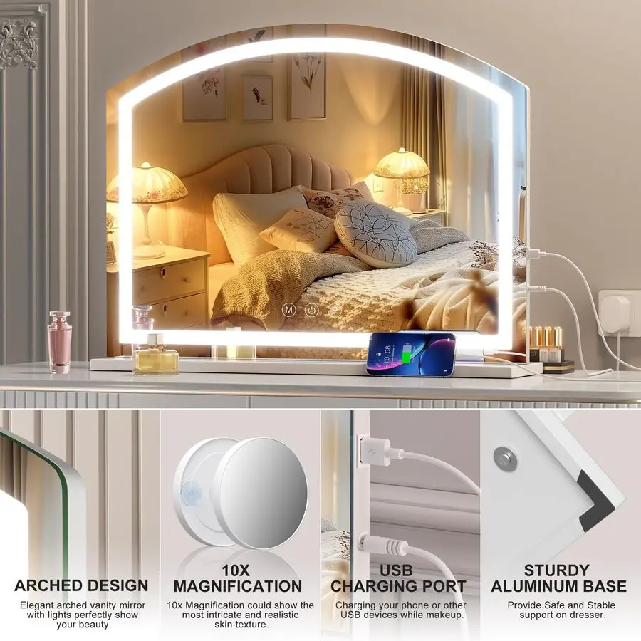 مرآة مكياج مقوسة مع ضوء، مرآة مكياج Led مقوسة 28 × 22 مع تكبير 10 مرات، مرايا مكتب على سطح الطاولة مع شاشة شحن USB #6