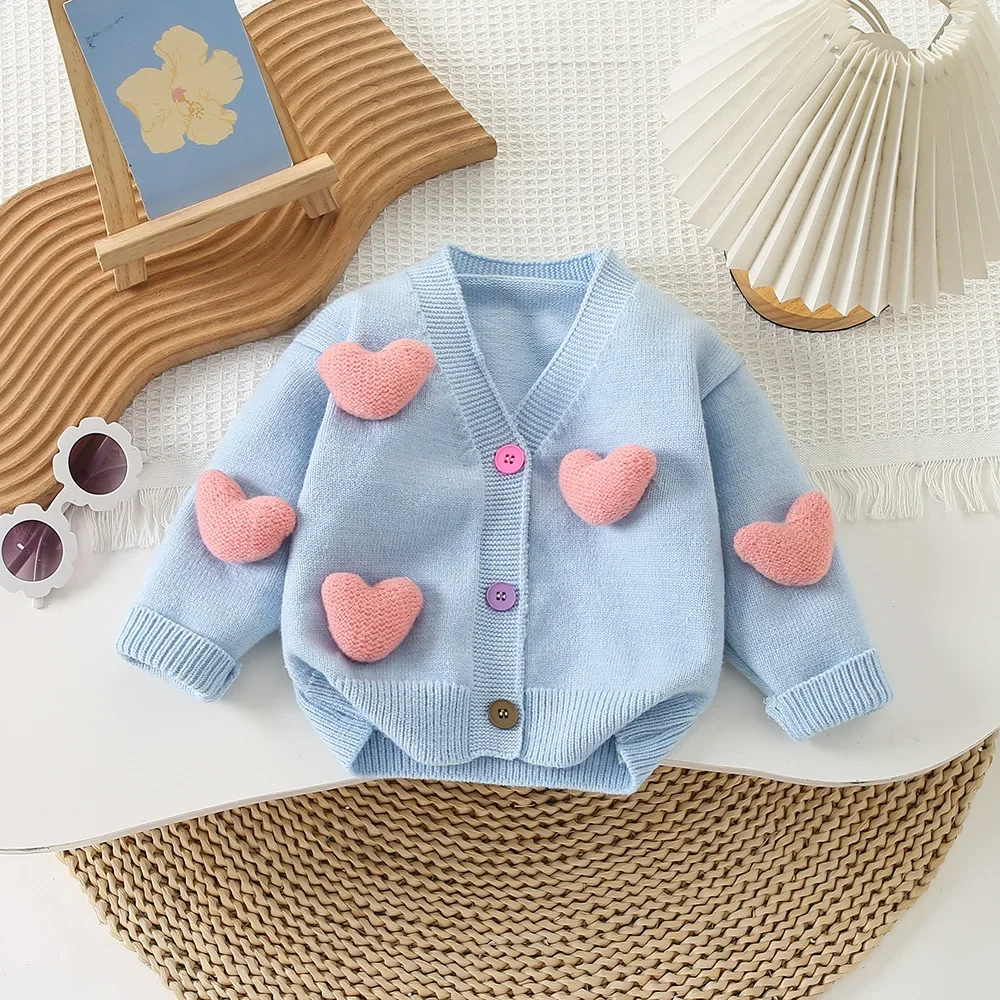 2-7Y Girls Clothing Set 3D Heart Sweaters And Tulle Skirts 2 PCs Knit Suits Girls Knit Cardigans