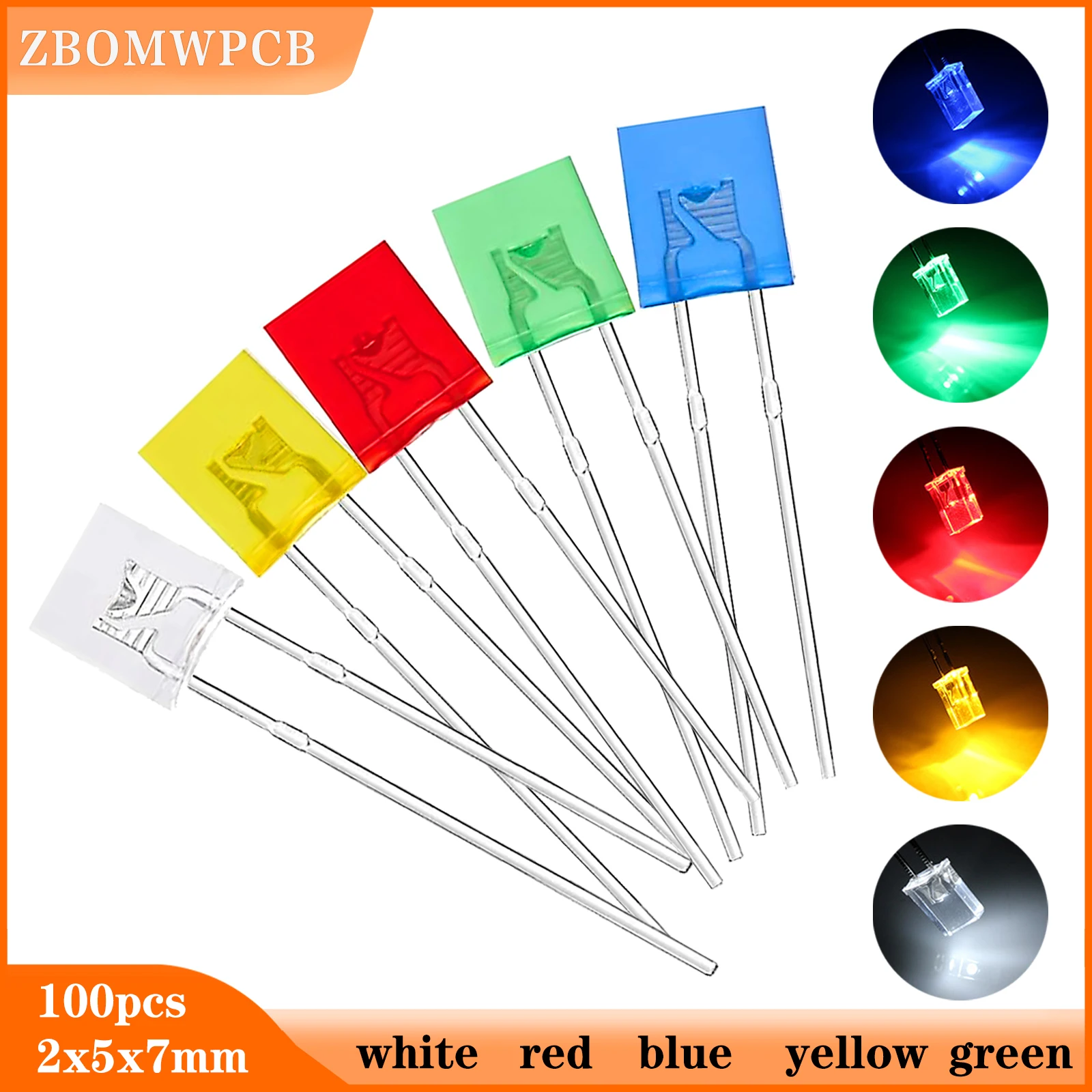 100pcs 2x5x7 Square LED Light-Emitting Diode Light Kit White Yellow Red Green Blue For Electronic DIY