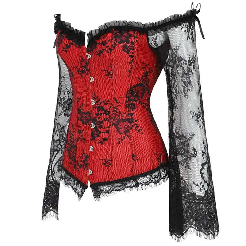 Medieval Women Corset Top Plus Size Sexy Lace Long Sleeve Bustiers Shoulder Straps Corselet Vintage Victorian Black Red