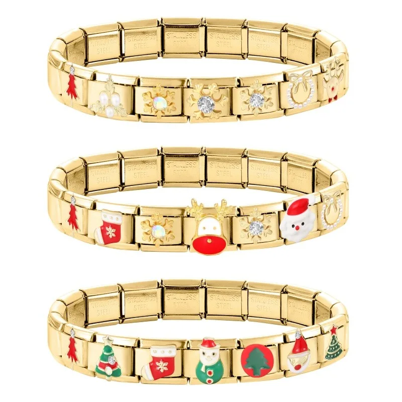 New Unique Vintage Gold Color Christmas Sock Tree Italian Charm Link Fit 9MM Bracelet Stainless Steel Women Men DIY Making Gifts
