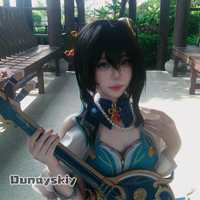 

Hemera*Ruan Mei Plumblossom Lette black ponytail Mint green highlights wigs lovely Synthetic hair cosplay game Honkai: Star Rail