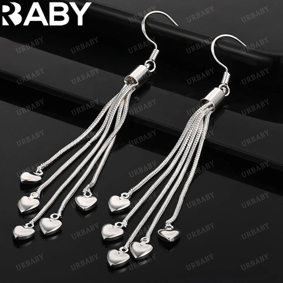 

URBABY 925 Sterling Silver Earrings Five Hearts Tassel Drop Earrings Charm Fashion Jewelry
