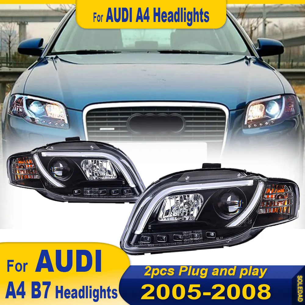 Pair  Car Lights for Audi A4 B7 LED Headlight 2005 2006 2007 2008 Head Lamp Drl Projector Lens Auto Accessories Plug and play