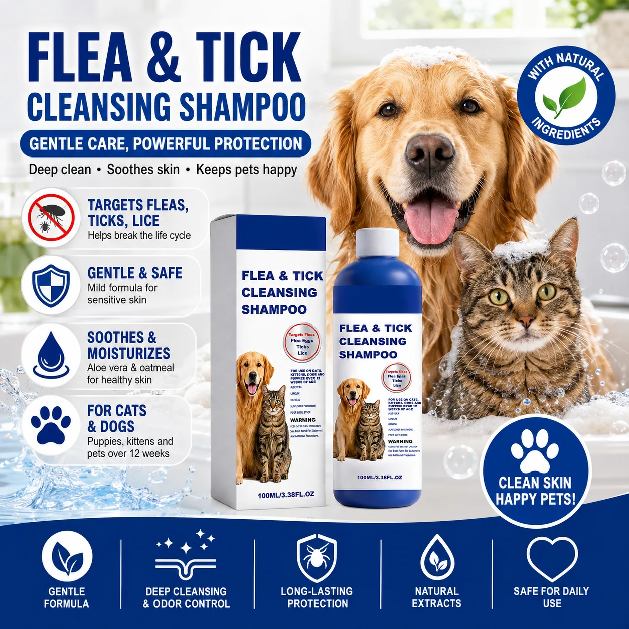 Flea Tick Shampoo for Dogs Cats 100ml Mild Formula Cleansing Pet Care Targets Fleas Eggs Ticks Lice Daily Care Product