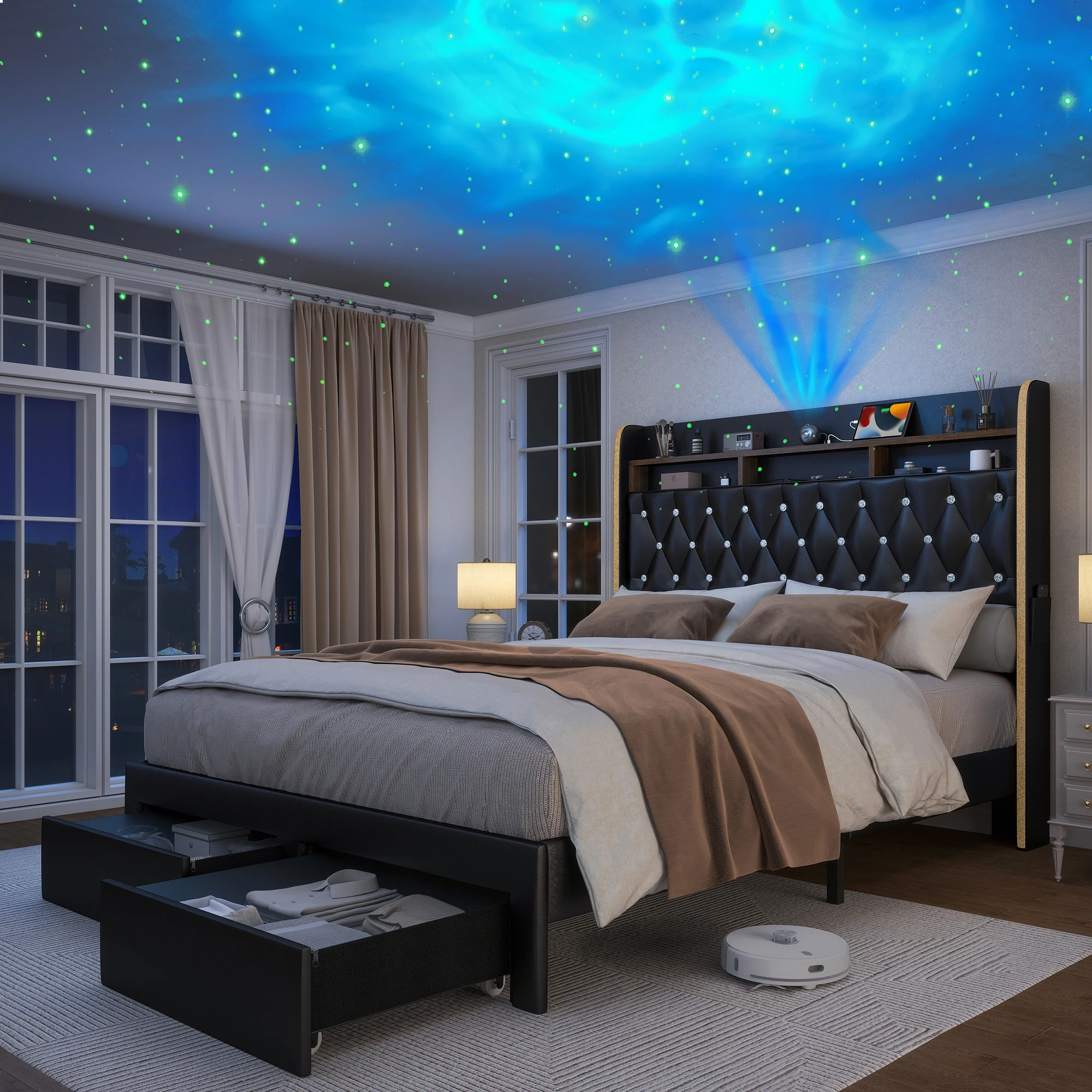 

LED Bed Frame with Storage Drawers, Star Projector, Charging Station & Speaker, PU Leather/Velvet