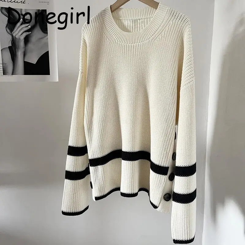 

Donegirl 2023 New Autumn Winter Round Neck Knitted Sweater Solid Striped Side Buttons Split Loose Simple Pullovers Female Tops