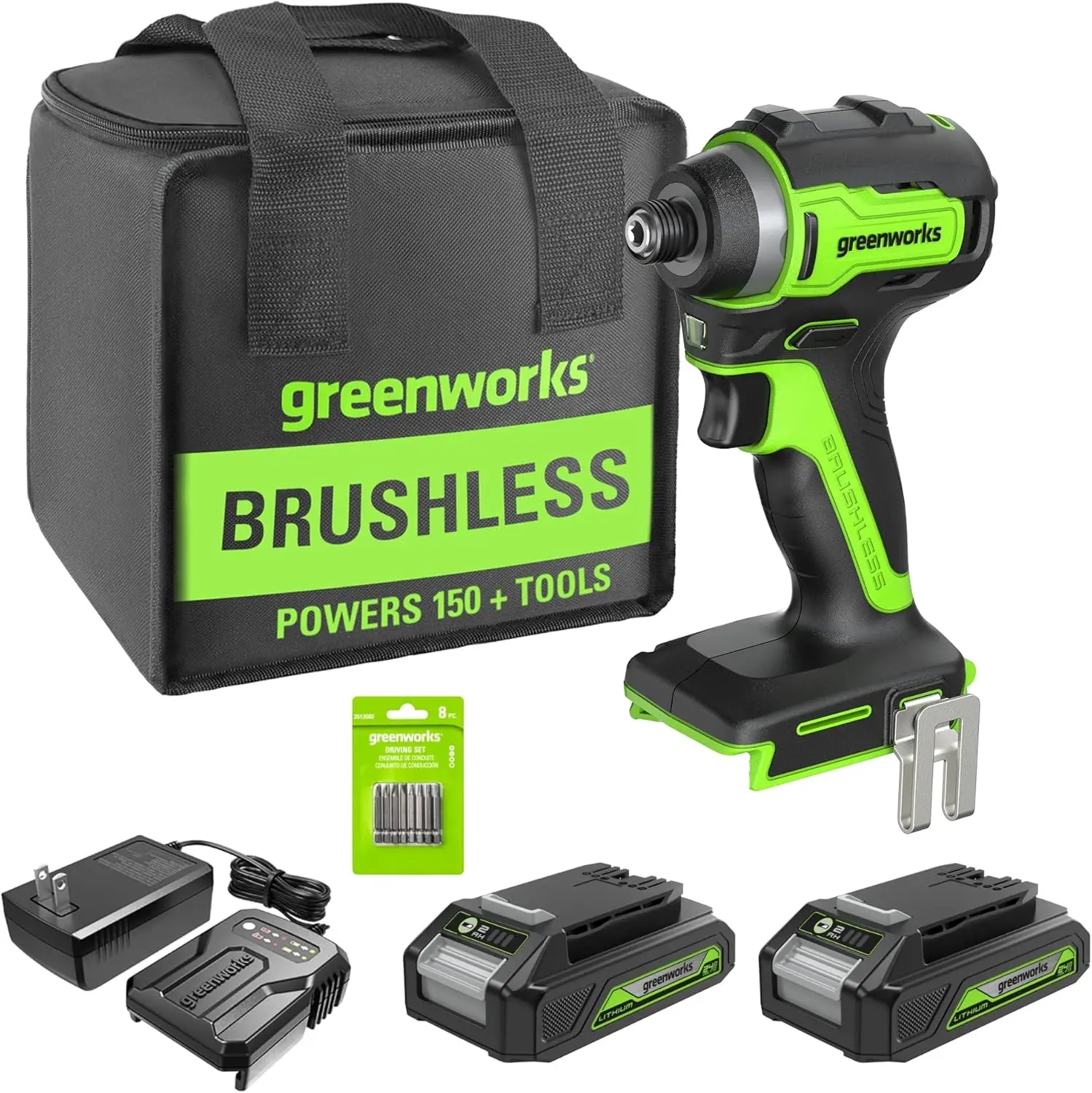 

Greenworks 24V Brushless Cordless Impact Driver Kit, 1950 in./lbs Torque, 1/4'' Hex Collet, Variable Speed, 2×2Ah Batteries