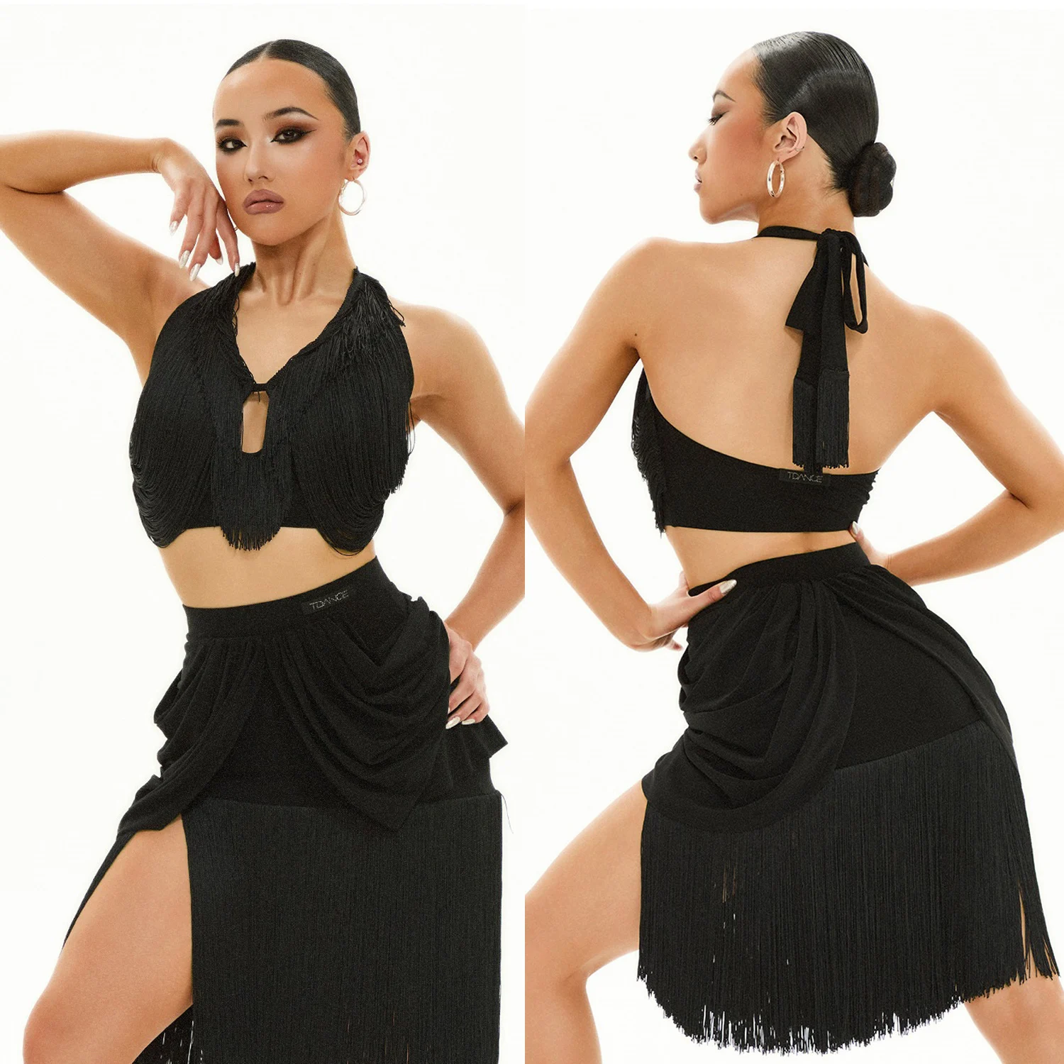 

2025 Sexy Latin Dance Tassel Tops Women Summer Performance Dancewear Black Fringe Blouse Cha Cha Rumba Dance Costume DNV23314