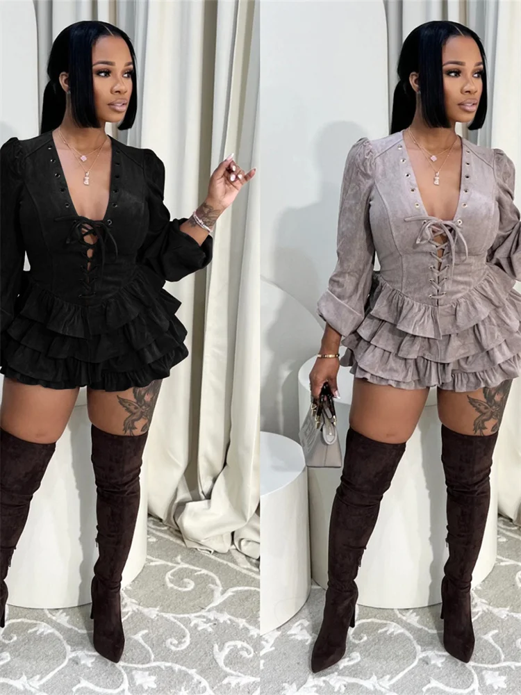 Bizarre Puss shirring Robe Femmes Classique Tierred Ourlet Plein Manches Profonde Col V Maigre Sexy Minuit automne Prom Party Mini Moulante