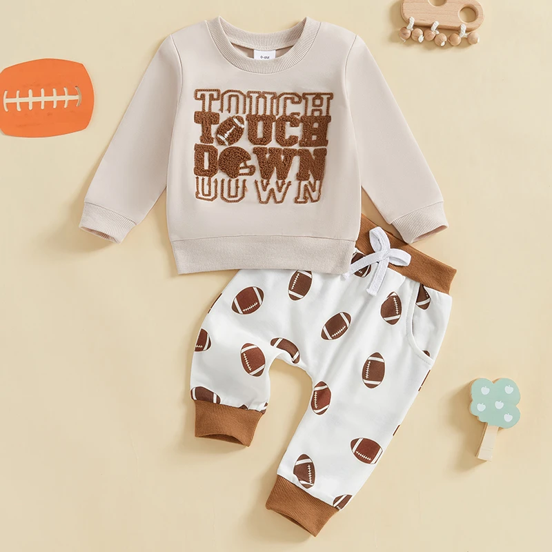 

2024-09-02 Lioraitiin Toddler Baby Boy Outfit Letter Embroidery Long Sleeve Sweatshirt and Rugby Print Elastic Pants 2PC Clothes