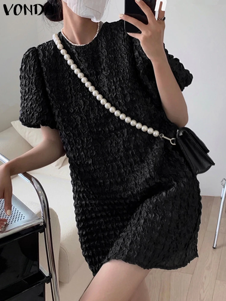 VONDA Sexy Mini Dress Women Summer Short Sleeve Sundress 2025 Fashion Puff Sleeve Solid Color Party Vestidos Casual Loose Robe
