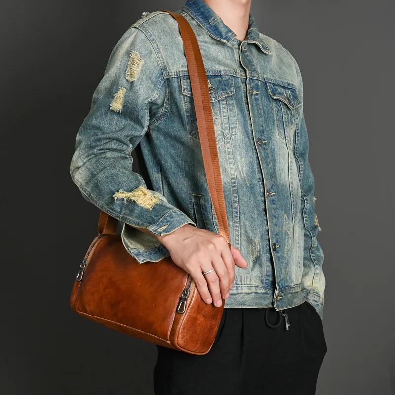 Vintage Mens Shoulder Messenger Bag Crossbody Bag Case Sling Rounded Bags Vintage Genuine Real Cow Leather Men Bag High Quality