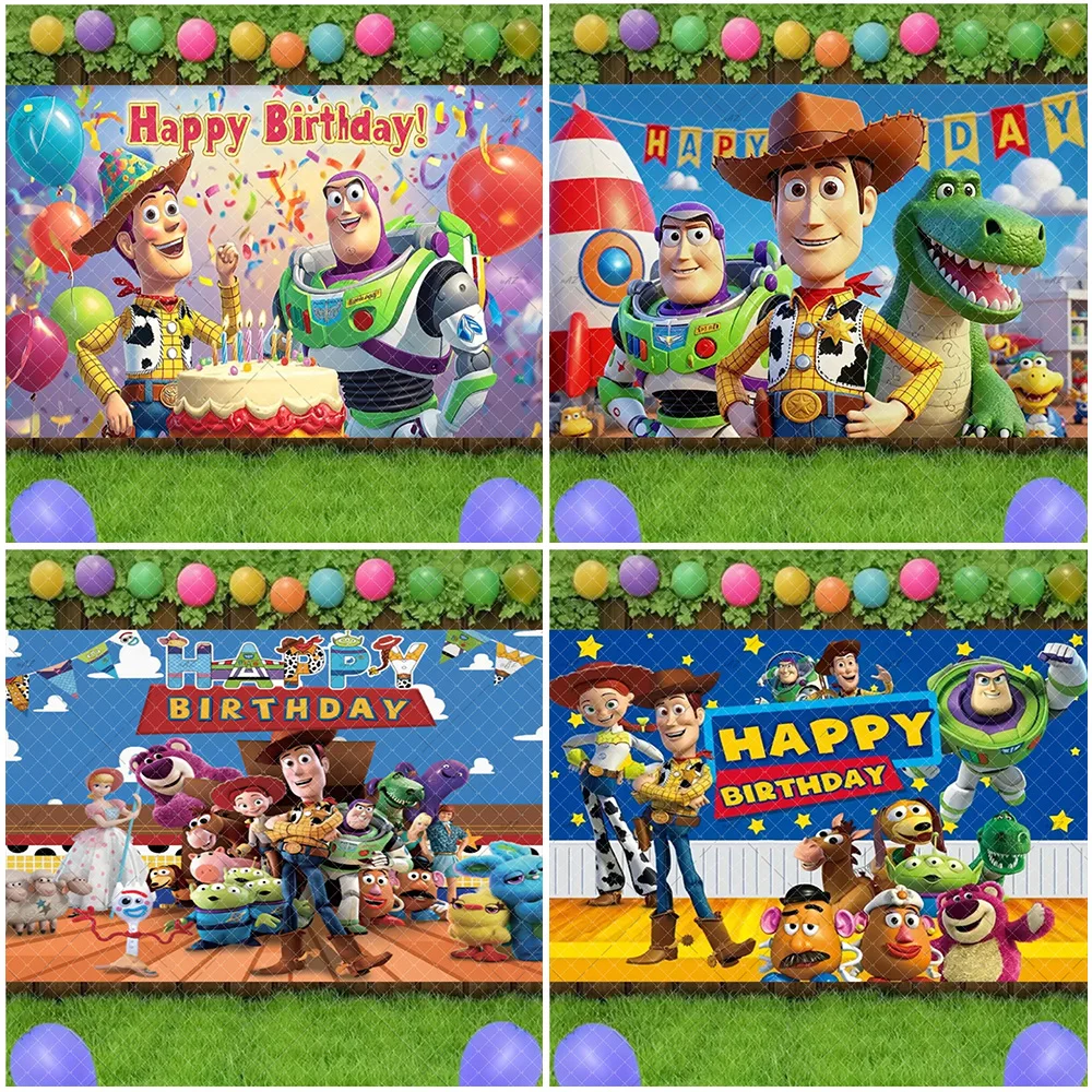 

Disney Toy Story Buzz Lightyear Woody Backdrop Cartoon Happy Birthday Party Decorations Background Cloth Baby Holiday Supplies