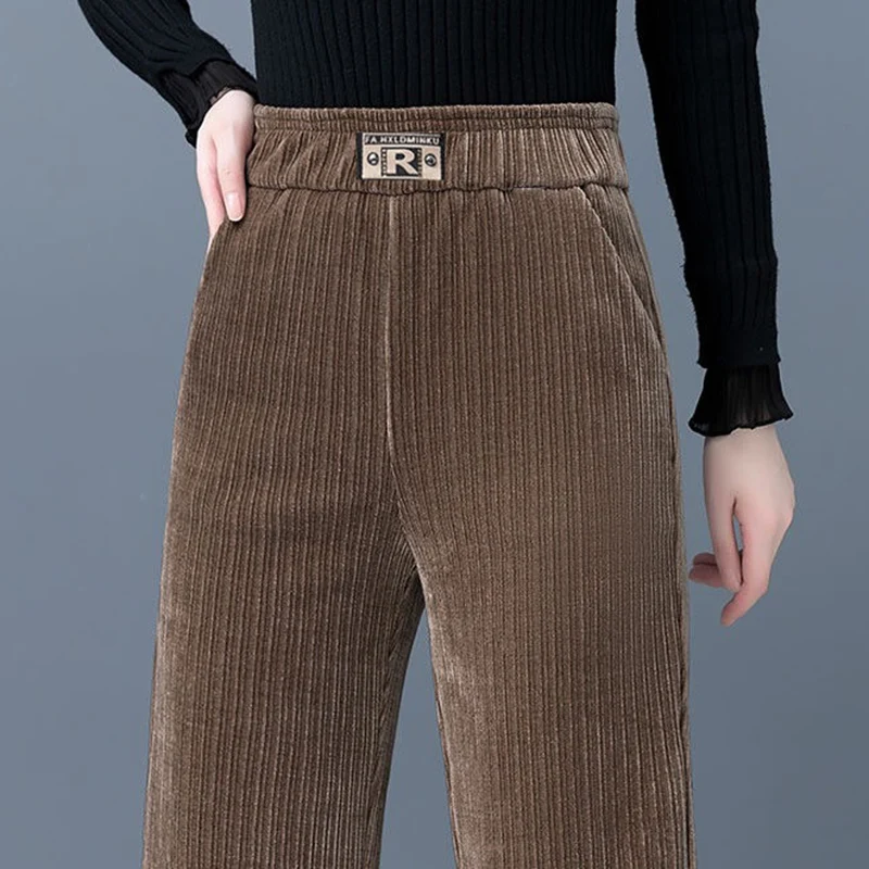 2024 New Winter Women Retro Style Wide Leg Pants Lady Chic Plush High Waisted Trousers Female Versatile Thermal Thicken Slacks